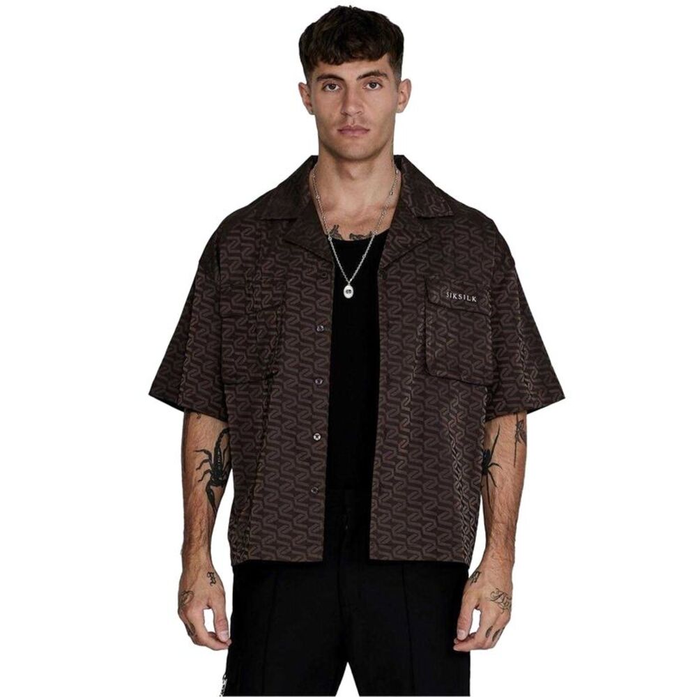 SikSilk Mens Geometric Relaxed Fit Short-Sleeved Shirt / Brown